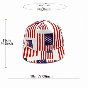 Flat brim hip hop hat with USA flag print and specific size measurements labeled