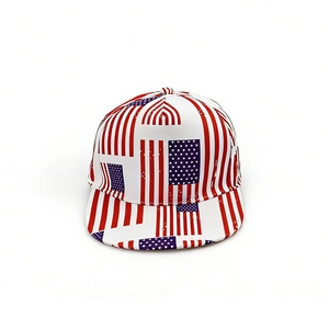 Front view of stylish USA flag print snapback hat with flat brim and hip-hop design