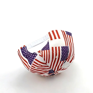 Flat brim snapback cap featuring USA flag print and adjustable white buckle strap