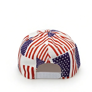 Rear view of US flag print snapback hip hop hat with white adjustable plastic strap