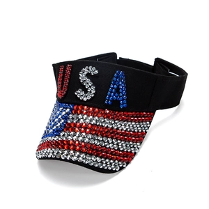 Black sun visor hat featuring USA letters and American flag pattern in rhinestones