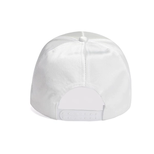 Detail view of white satin baseball cap with adjustable snapback closure on a white background