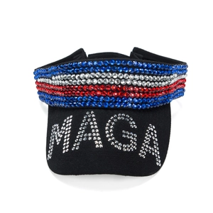 Black sun visor hat with rhinestone MAGA text and American flag design for outdoor use