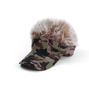 Detail of green camouflage sun hat with fuzzy brown faux hair wig top for golf