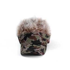 Camouflage baseball cap with brown synthetic hair wig extension for outdoor parties