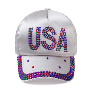 White satin baseball cap with sparkling rhinestone USA letters and sun protection brim