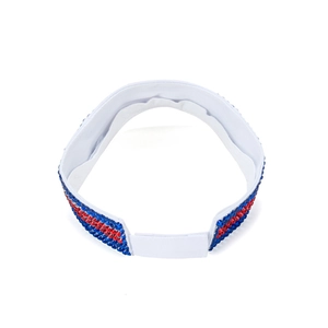 White sun visor hat with red and blue rhinestones and adjustable velcro strap back