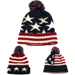Knitted Beanie Hat Acrylic Warm Winter US UK Flag Pattern Pom Pom For Men Women