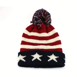 Winter knitted beanie with USA flag stripes stars and pompom for men and women