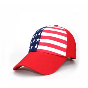 American flag print baseball cap featuring red cotton canvas and classic star stripes