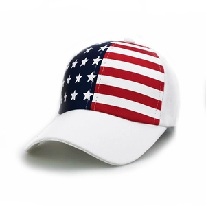 Side view of American flag baseball cap with stars and stripes pattern on white canvas