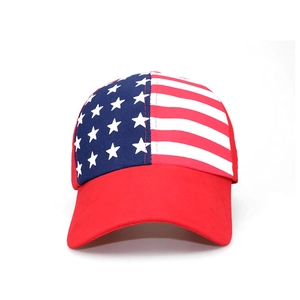 Detail of USA flag pattern baseball cap with stars and stripes printed on side panels