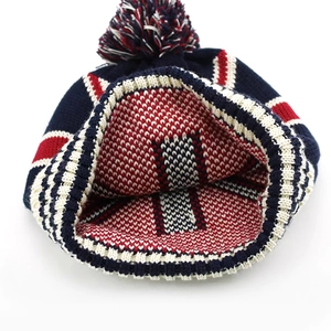 Winter knit beanie with Union Jack colors, plush pom pom and warm double-layer lining