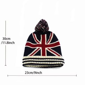 Size measurements for British flag knit beanie with pom-pom, 30cm height and 23cm width