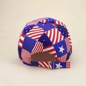 Detail of adjustable silver metal buckle on the back of US flag print baseball cap