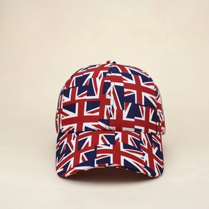 Detailed close-up of Union Jack printed baseball cap with high-quality twill fabric texture