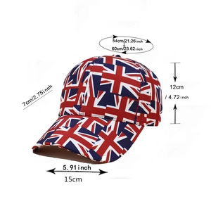 Detailed size chart for Union Jack baseball cap with crown and brim measurements