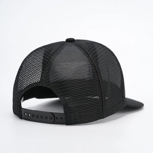 Detail view of the breathable mesh and adjustable snapback closure on black trucker hat