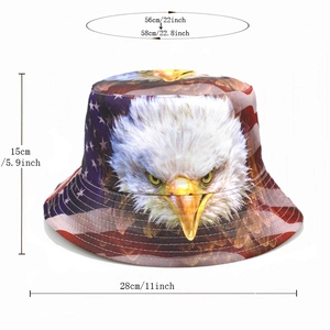Detailed size chart of American flag bucket hat with eagle print including dimensions