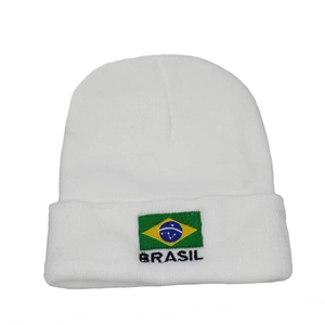 White knit beanie with Brazil flag embroidery and Brasil text for winter warmth