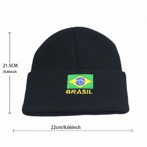 Detail showing Brazil flag embroidery on black knit beanie with size 21.5x22cm dimensions