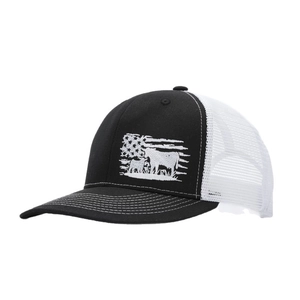 Black and white trucker hat with American flag and cattle embroidery on mesh back cap