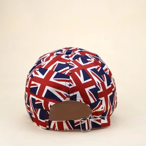 British flag print baseball cap with adjustable strap and metal buckle, back view