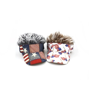 US flag style visor caps with artificial hair pieces in grey and brown colors