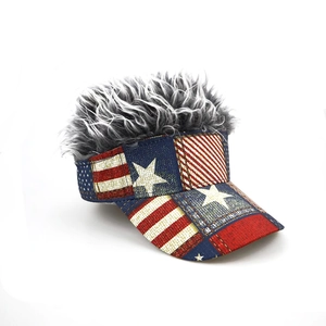 US flag patterned baseball cap with grey wig hair for outdoor sun protection costume