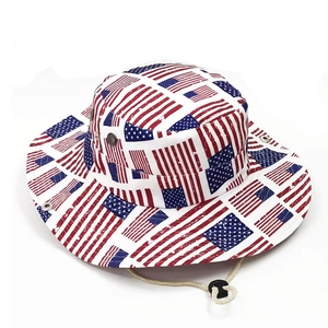 Outdoor sun hat with US flag print, wide brim canvas construction and adjustable chin cord