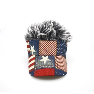 US flag baseball cap with grey synthetic wig hair for outdoor sun protection sunshade