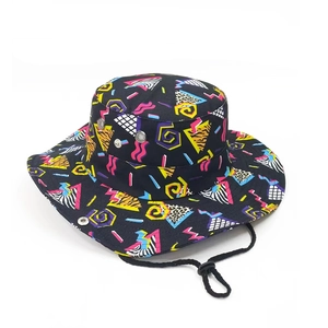 Detail of colorful geometric print bucket hat with adjustable black chin strap