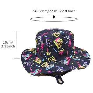Detailed size specifications of retro geometric bucket hat with chin strap and vents