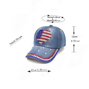 Size guide for denim baseball cap showing heart US flag rhinestone patch and brim dimensions