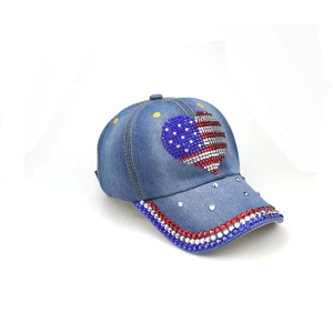 Blue denim baseball cap with rhinestone heart-shaped US flag and glitter brim