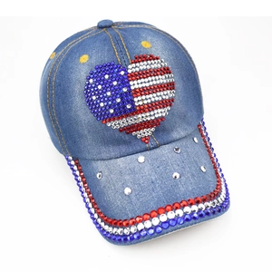 Denim baseball cap featuring a heart-shaped US flag and rhinestone brim for women