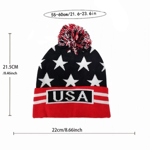 Detailed sizing chart of the USA flag knit beanie showing dimensions and head circumference