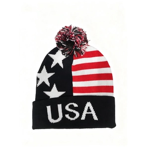 Knit beanie with American flag stars, stripes, USA lettering and a tricolor pom-pom
