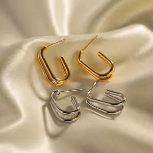 Double Layer Geometric Hoop Earrings 18K Gold Plated Stainless Steel Minimalist U Shaped INS Style Fashion For Women