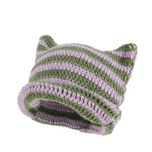 Striped knit beanie with cat ears in purple and green, thick winter style