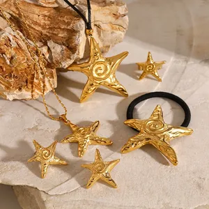 Bijoux en Acier Inoxydable Étoile de Mer pour Femmes Collier Pendentif Étoile de Mer Plaqué Or Boucles d'Oreilles Clous Bague Réglable Accessoires Mode Style Plage