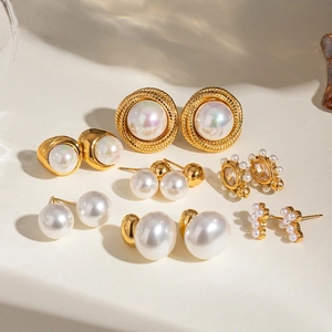 Elegant Artificial Pearl Stud Earrings Stainless Steel Gold Plated Geometric Retro Fashion Jewelry For Women Waterproof Hypoallergenic