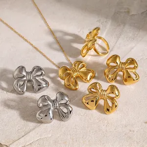 Bow Jewelry Necklace Ring And Earrings For Women 18K Gold Plated Stainless Steel Elegant Waterproof Tarnish Free
