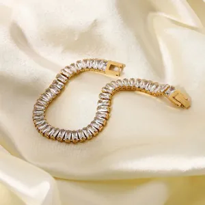French Light Luxury Stainless Steel Baguette Rhinestone Bracelet For Women Elegant Gold Plated Geometric Link Chain Jewelry