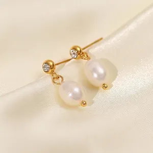 Pendientes De Gota De Perlas de Agua Dulce De Agua Dulce Acero Inoxidable Chapado En Oro De 18K Con Circón Joyas Elegantes Para Mujer