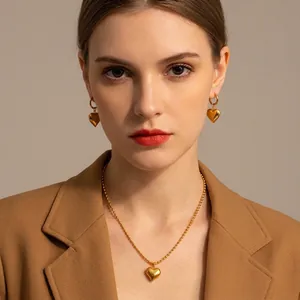 Stainless Steel Heart Pendant Necklace 18K Gold Plated Retro Classic Round Bead Chain Fashion Jewelry For Women