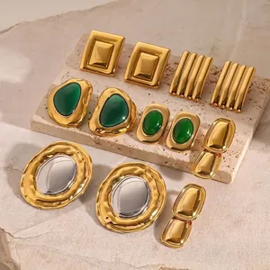 Vintage Geometric Stainless Steel Earrings Gold Plated Exaggerated Cat Eye Stone Studs For Women Hypoallergenic