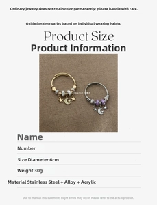 Size chart showing 6cm diameter celestial charm bracelet made of stainless steel and alloy