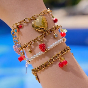 Multilayer Bracelet Stainless Steel Enamel Fruit Charms Strawberry Cherry Pendants Artificial Pearl Link Chain Women Fashion Jewelry