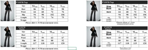 Tableau des tailles détaillé pour ensemble blazer col V et pantalon strass pour femme